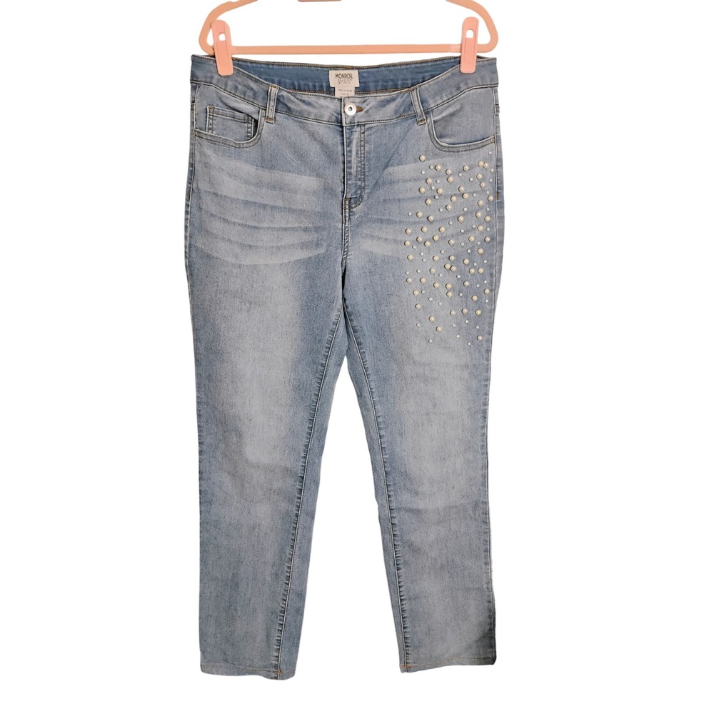 Monroe & Main Women's Jeans Size 16 Embellished Pearls Light Wash Denim‎